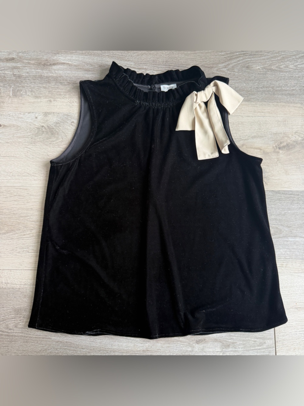 J Crew Sleeveless Black Velvet Top with Cream Bow Ruffle High neckline M